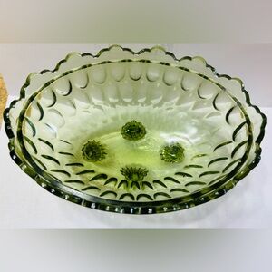 Fenton candy dish, vintage, green thumbprint with scalloped edges, footed.